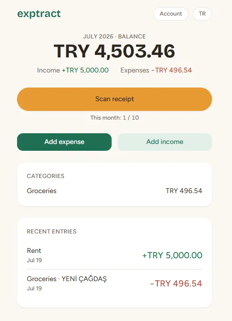 Exptract home screen: monthly balance, income and expense totals, and the scan counter