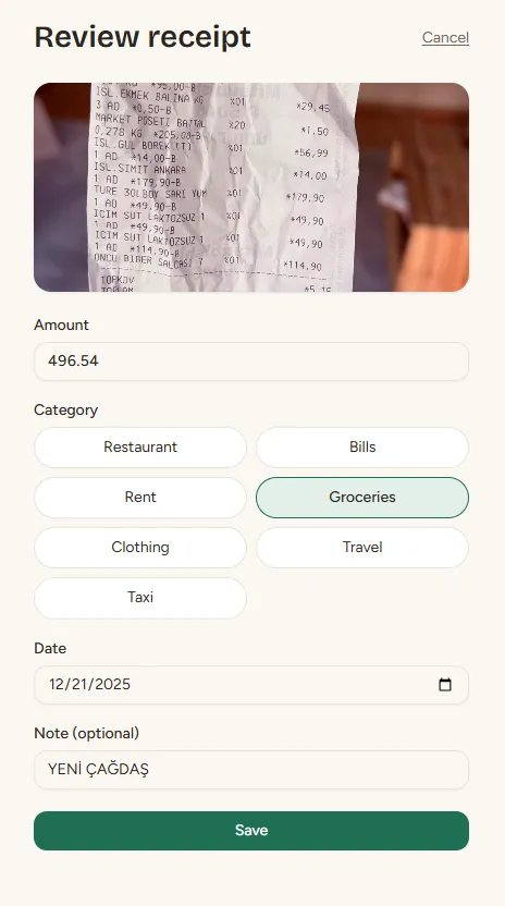 Reviewing a scanned receipt in Exptract: the extracted amount, category, and date, ready to save